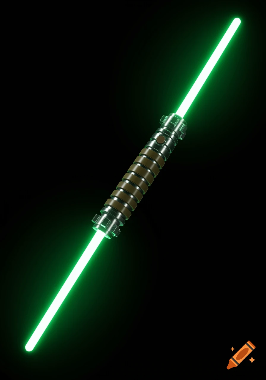 A dual-bladed green lightsaber staff with a silver hilt and pale brown rings, against a dark background.