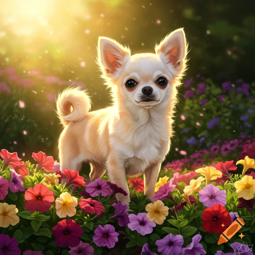 A cute white chihuahua stands among vibrant red, yellow, and purple flowers in a sunny garden.