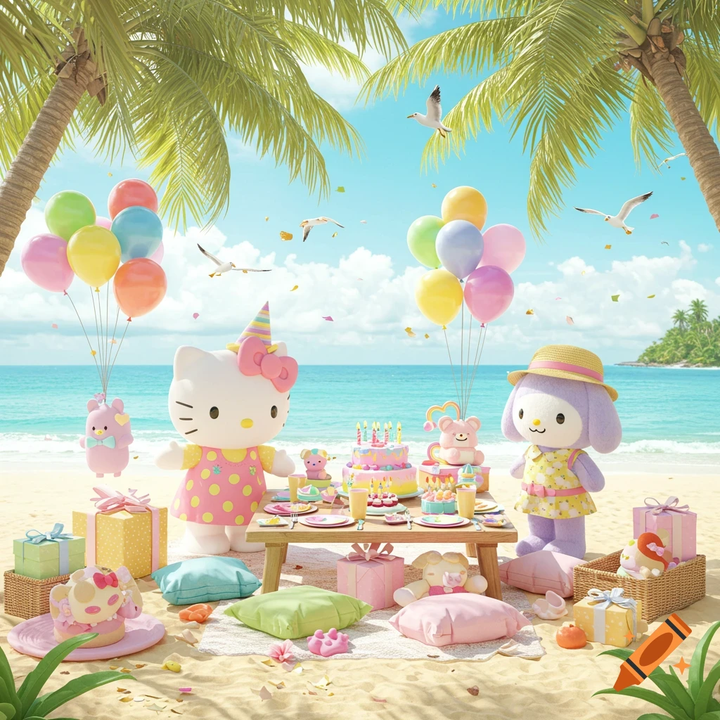 Hello Kitty and My Melody celebrate a colorful birthday party on a sunny beach with balloons, cakes, and gifts.