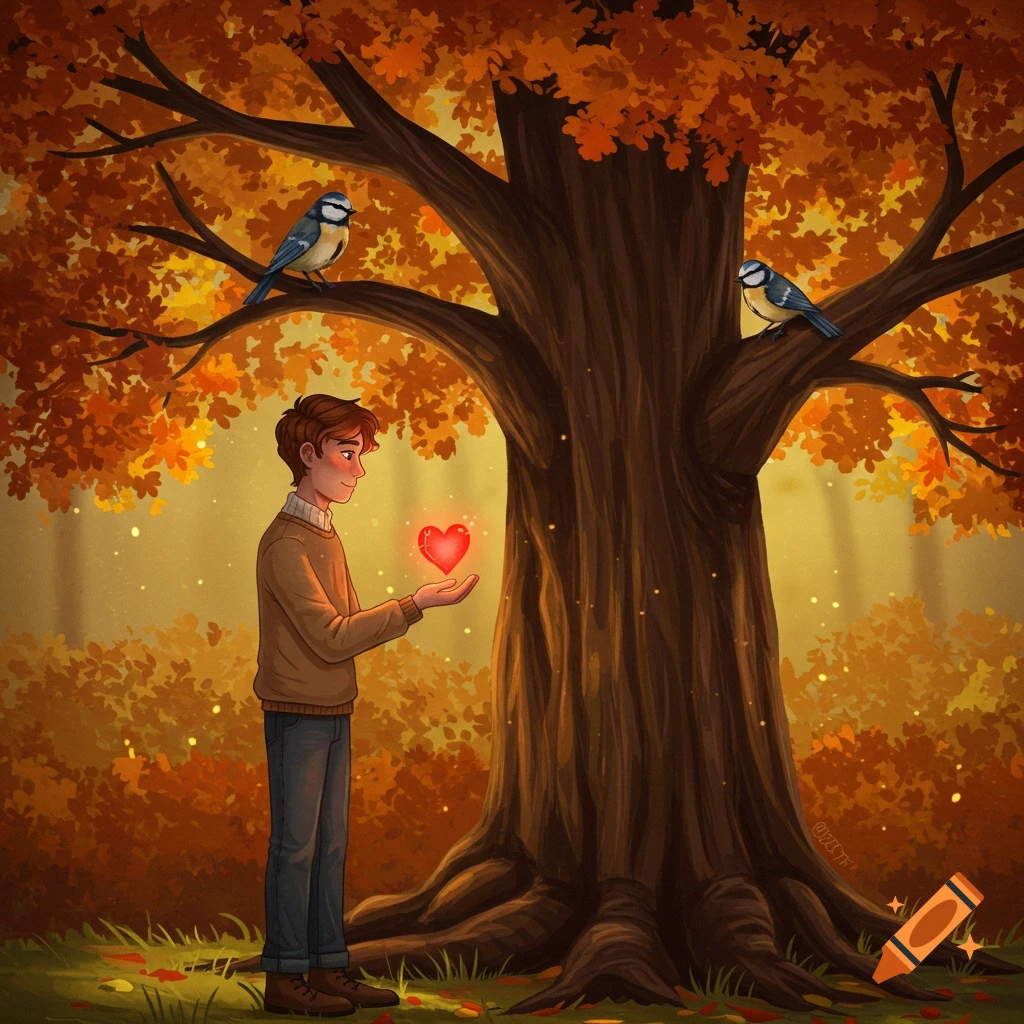 Illustrated image of a boy holding a glowing red heart toward a blue bird on an autumn tree branch in a whimsical forest.