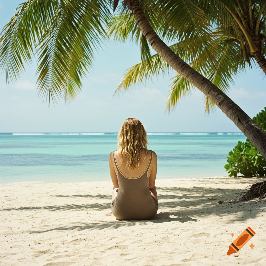 A woman with blonde hair sitting on a white sandy beach, looking out at the turquoise ocean under palm trees.