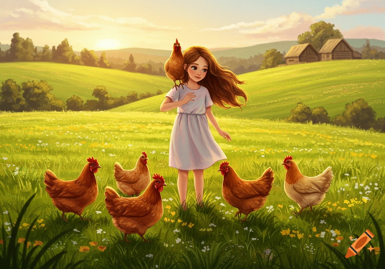 An illustration of a brown-haired girl in a white dress standing in a sunny green field with several chickens, one on her shoulder.