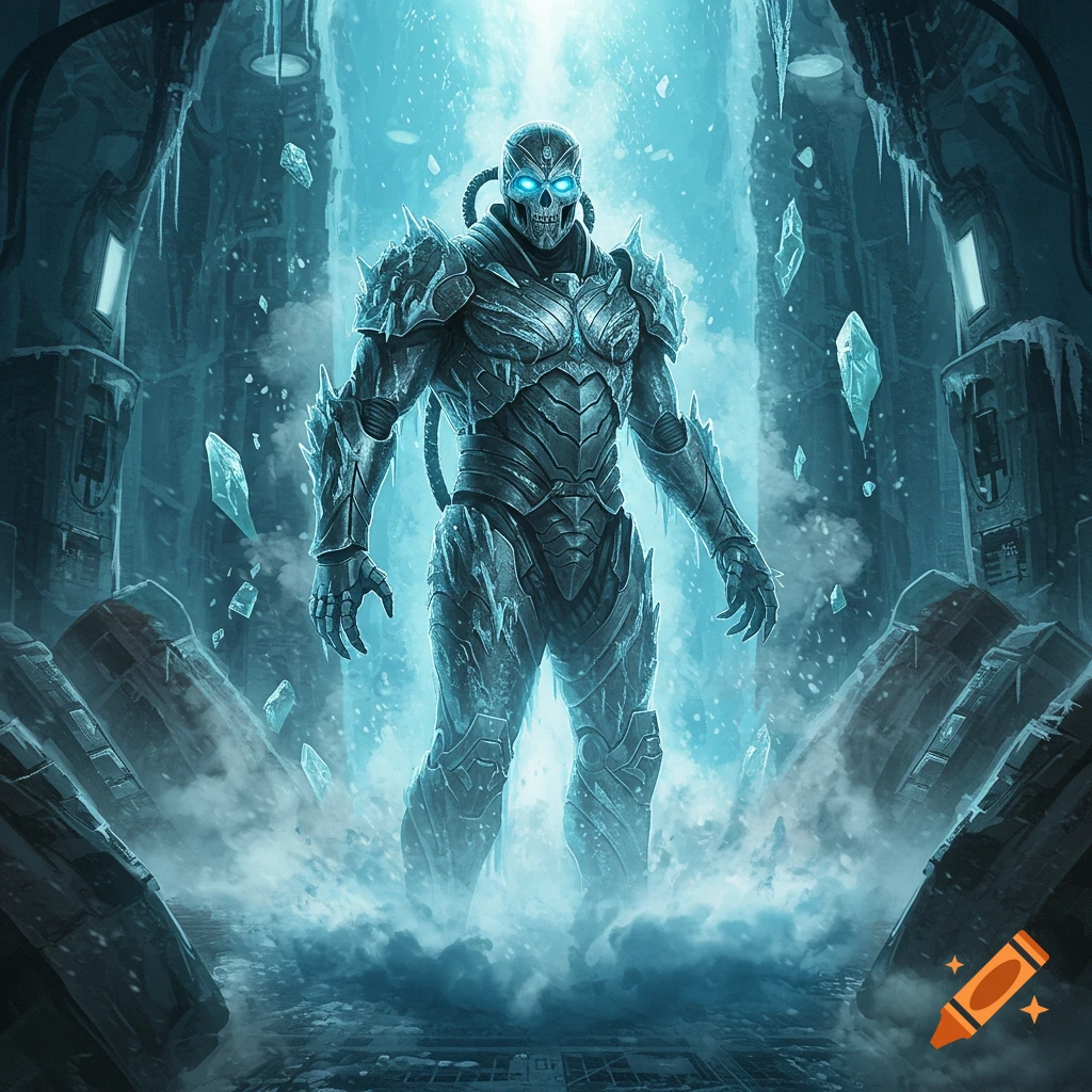 An ice-armored supervillain with glowing blue eyes stands in a freezing, misty sci-fi chamber with ice shards.