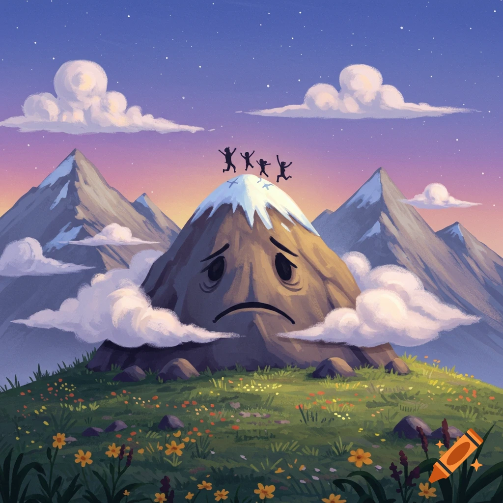 A whimsical cartoon of a sad mountain with tiny silhouette figures jumping on its snowy peak, surrounded by a colorful landscape.
