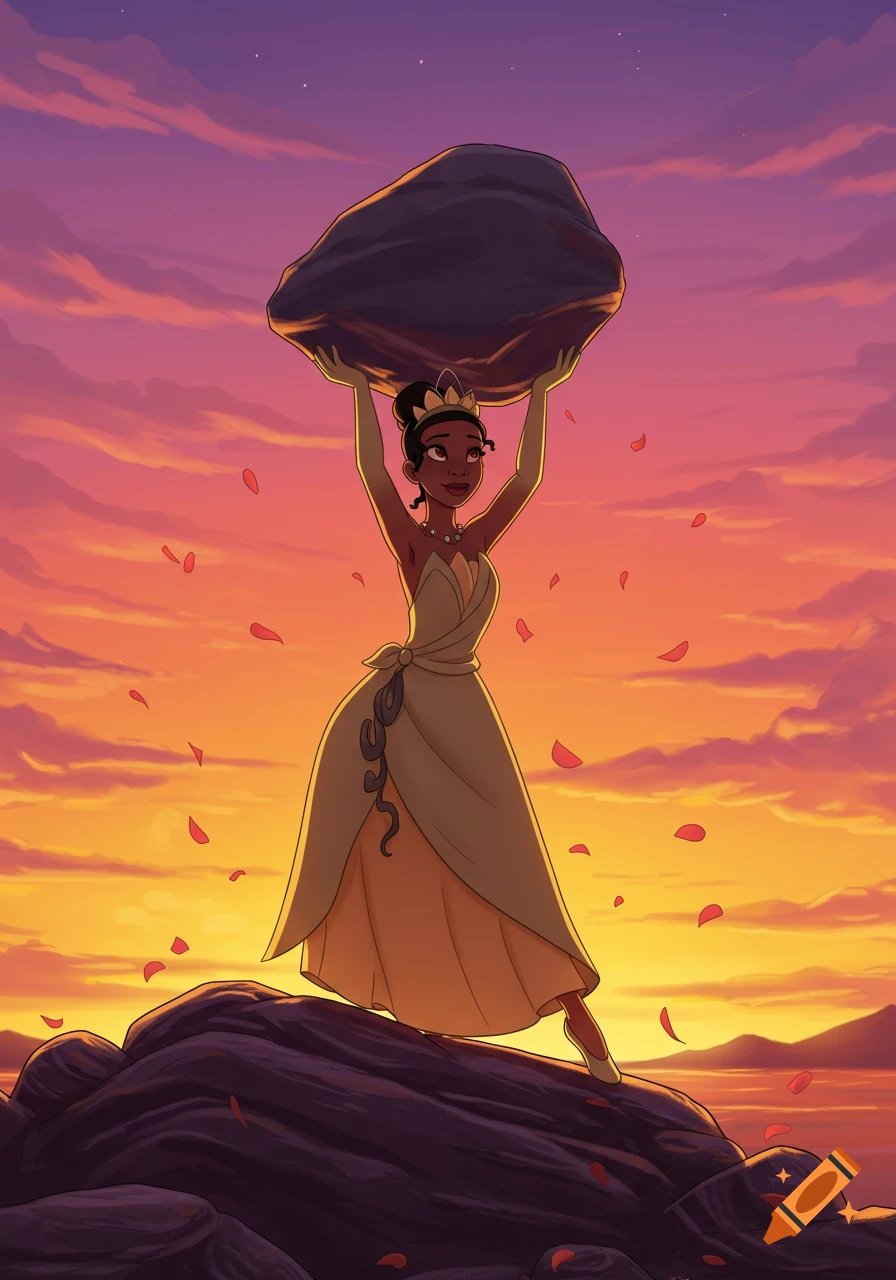 Princess Tiana lifts a large rock over her head against a vibrant sunset in 2D digital art.
