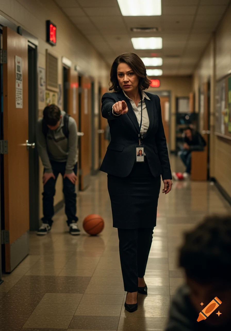 A stern teacher points forward in a school hallway while a student looks down with a basketball nearby.
