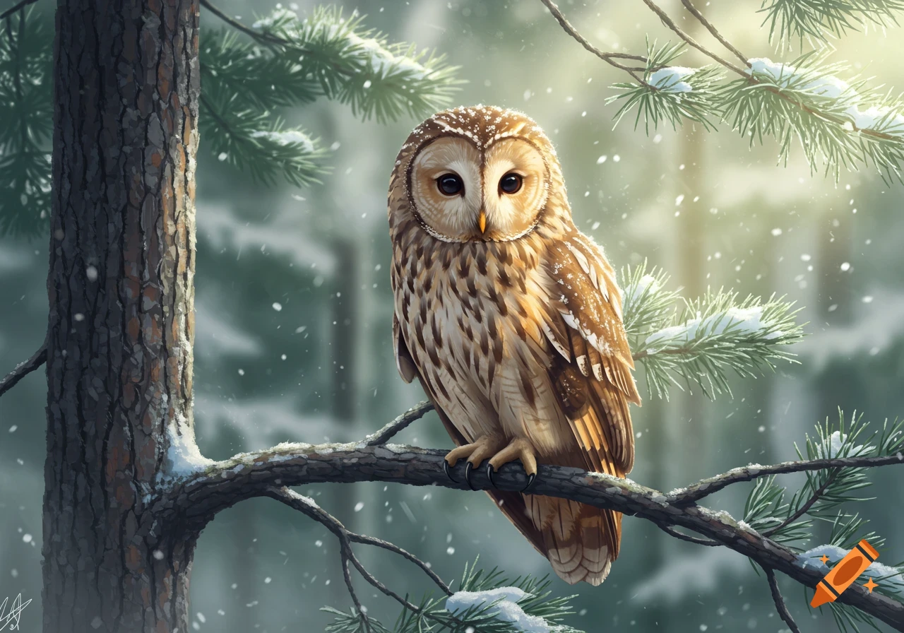 A beautiful brown and white owl perched on a snow-covered pine tree branch in a snowy forest with falling snow.