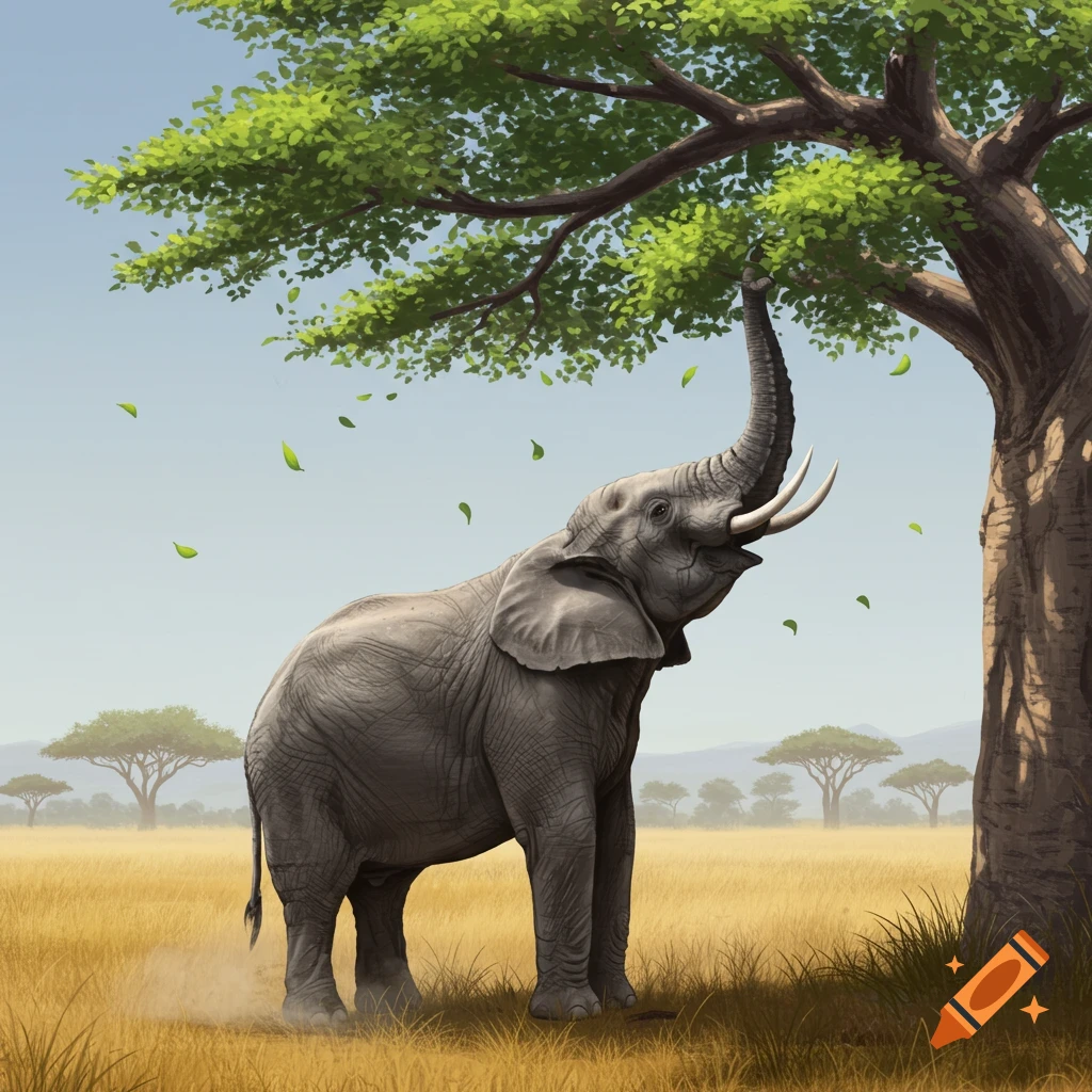 An elephant reaches its trunk up to eat leaves from a tall tree in a sunny savanna.