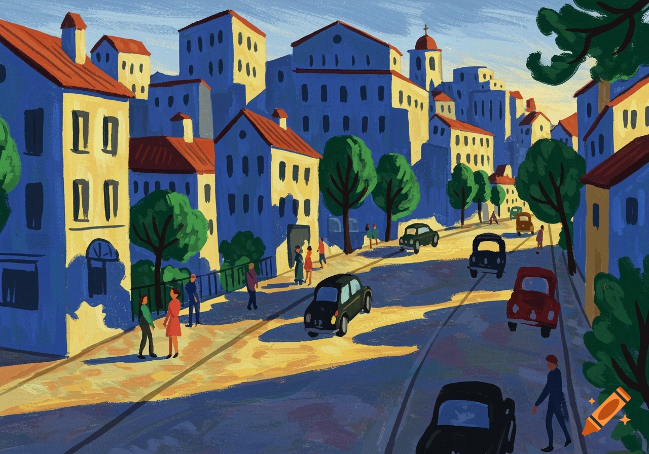 A vibrant, stylized illustration of a European city street with colorful buildings, trees, cars, and pedestrians, in the style of Matisse.
