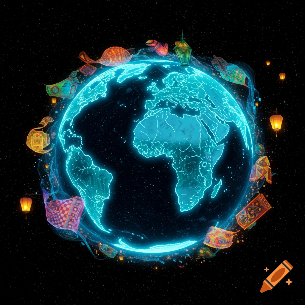 A vibrant, glowing blue Earth orbited by colorful patterned flags and lanterns against a starry night sky.