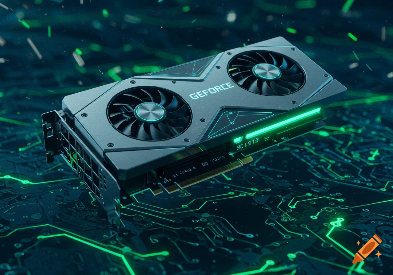 A realistic graphic card with glowing green lights on a circuit board background.
