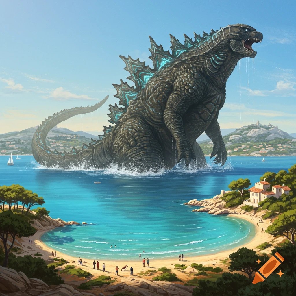 A giant Godzilla emerges from a beautiful blue bay, standing in the water near a sandy beach with people and small houses.