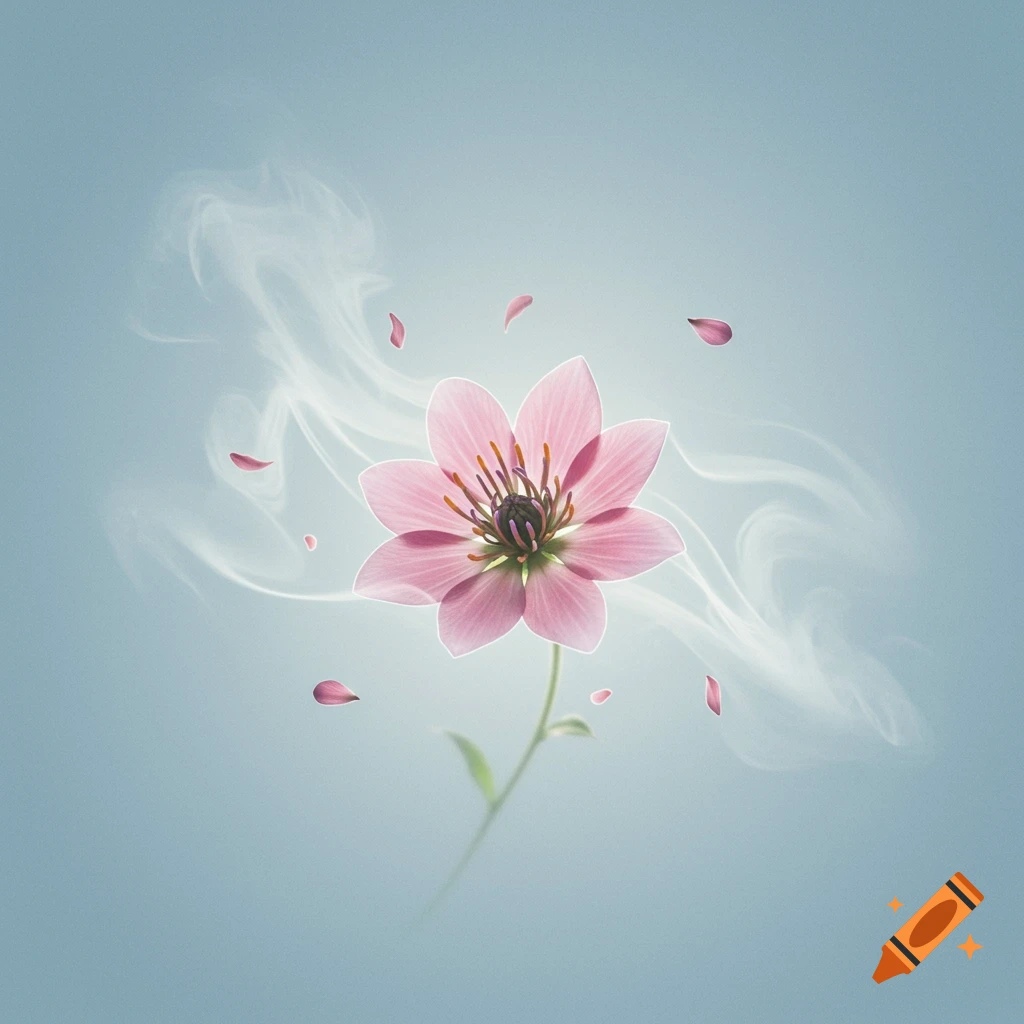 A stylized pink flower with glowing petals and a prominent stamen, surrounded by soft white wisps against a light blue background.