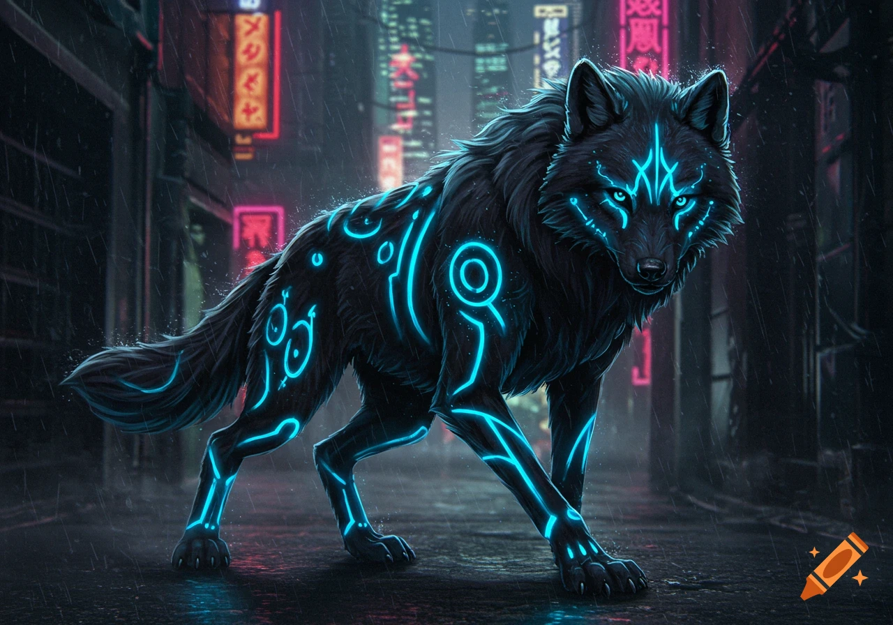 A dark wolf with glowing blue neon patterns stands in a rainy cyberpunk alley with bright neon signs.