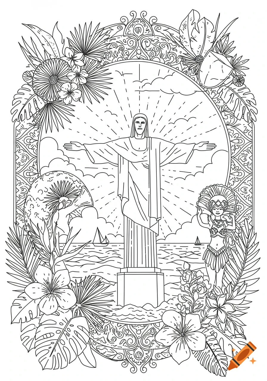 Detailed line art design representing Brazil, featuring the Christ the Redeemer statue, a carnival dancer, and tropical foliage, within an ornate frame.