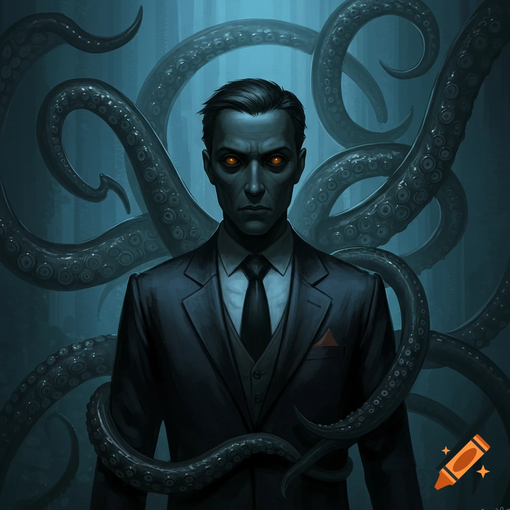 A dark portrait of a man in a suit with glowing orange eyes, surrounded by swirling black tentacles against a teal background.