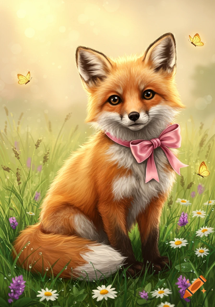 A cute fox with a pink bow sits in a sunny field of green grass and wildflowers with yellow butterflies, detailed illustration.