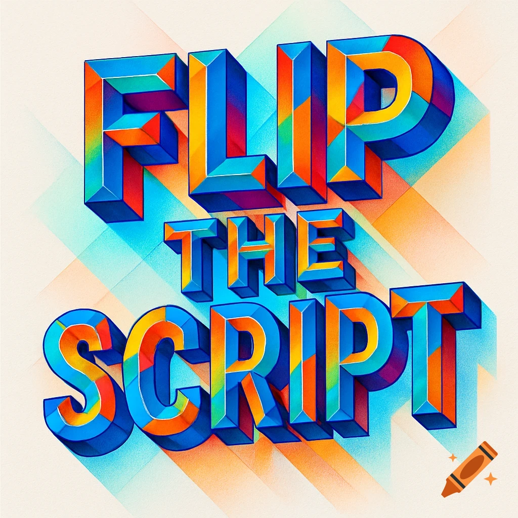 Colorful, geometric 3D text spelling out 'FLIP THE SCRIPT' with abstract patterns.