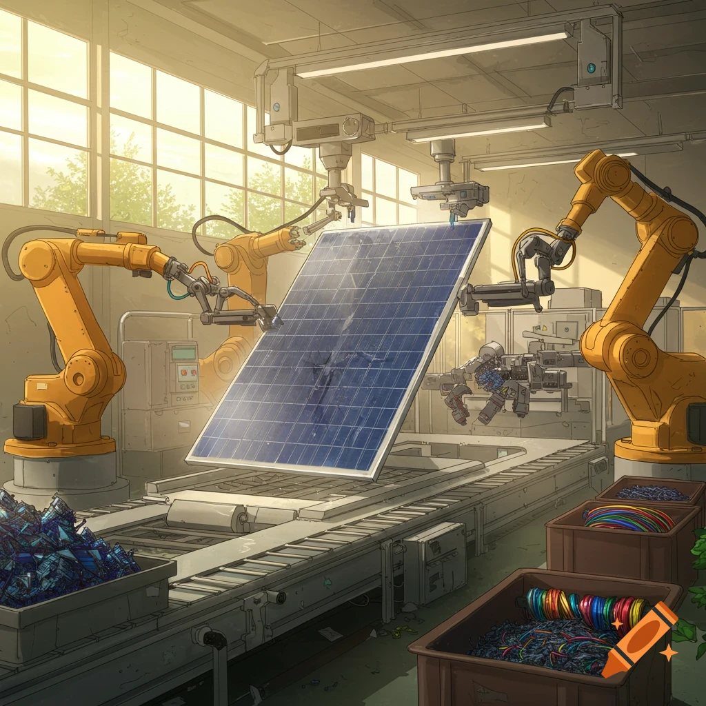 Robotic arms assemble or disassemble a solar panel on a conveyor belt in a factory setting, with bins of materials nearby. Stylized illustration.