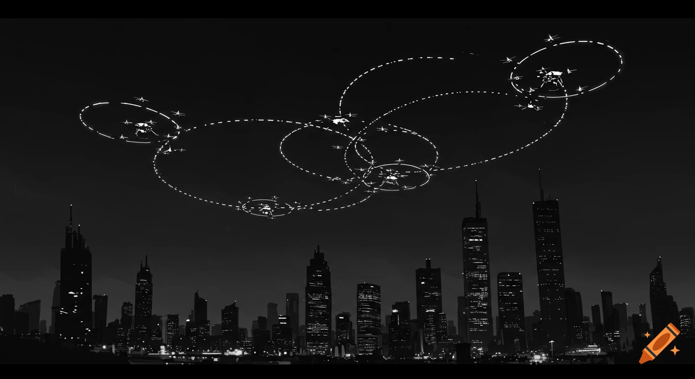 A black and white storyboard panel shows drones flying in circular patterns above a city skyline at night.