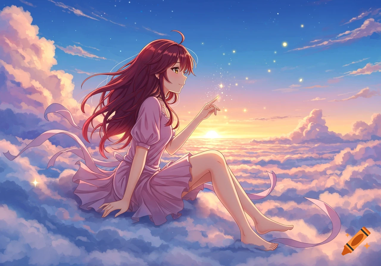 An anime girl with long burgundy hair and a pink dress sits on fluffy clouds under a vibrant sunset sky, touching sparkling light.