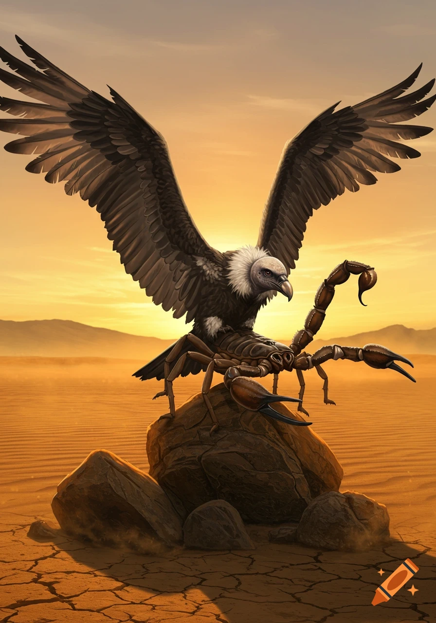 A chimera, half vulture and half scorpion, stands on a rock in a golden desert under a sunset sky.