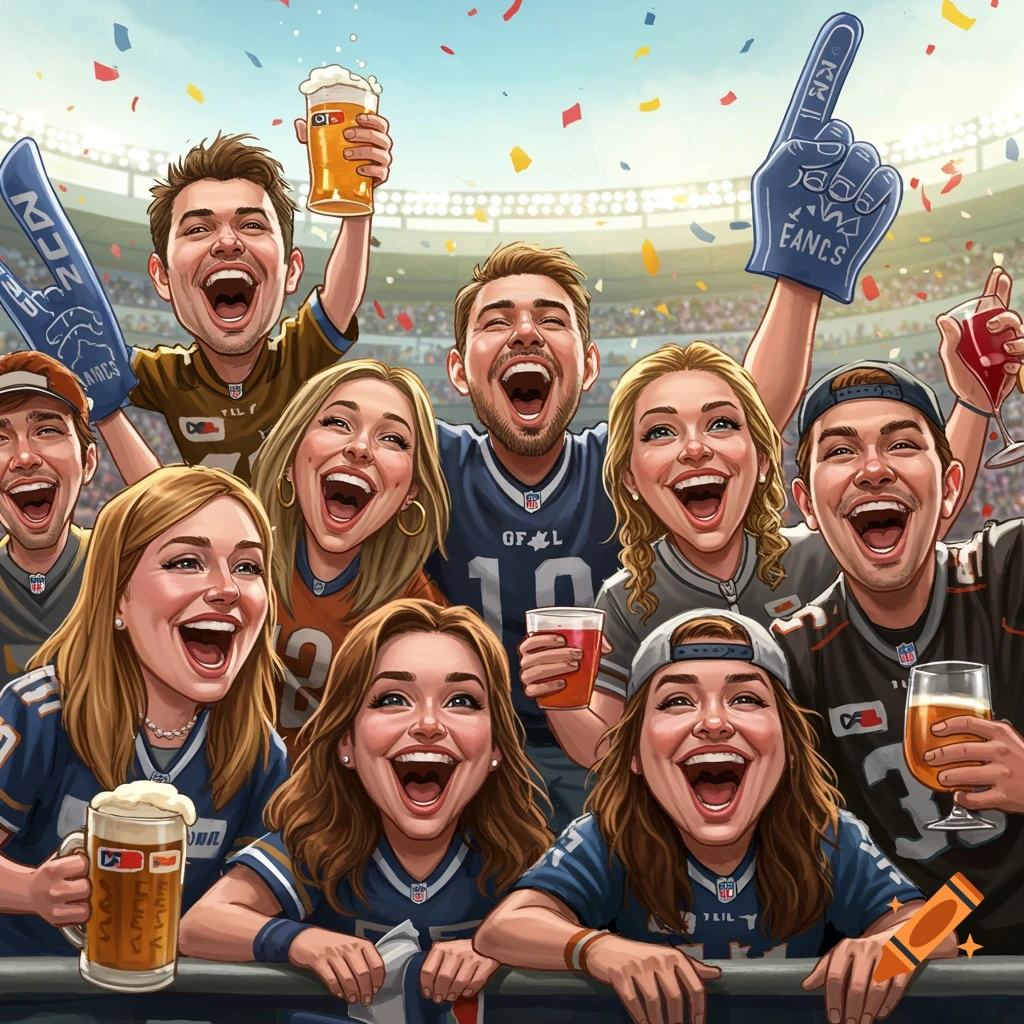 Caricature of enthusiastic football fans cheering and drinking at a stadium.