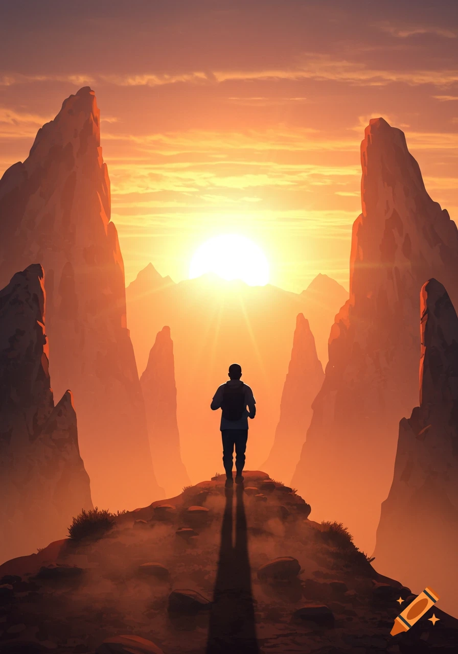 A silhouetted person stands on a rocky mountain path, looking towards a bright orange sunset between towering peaks. Digital art style.