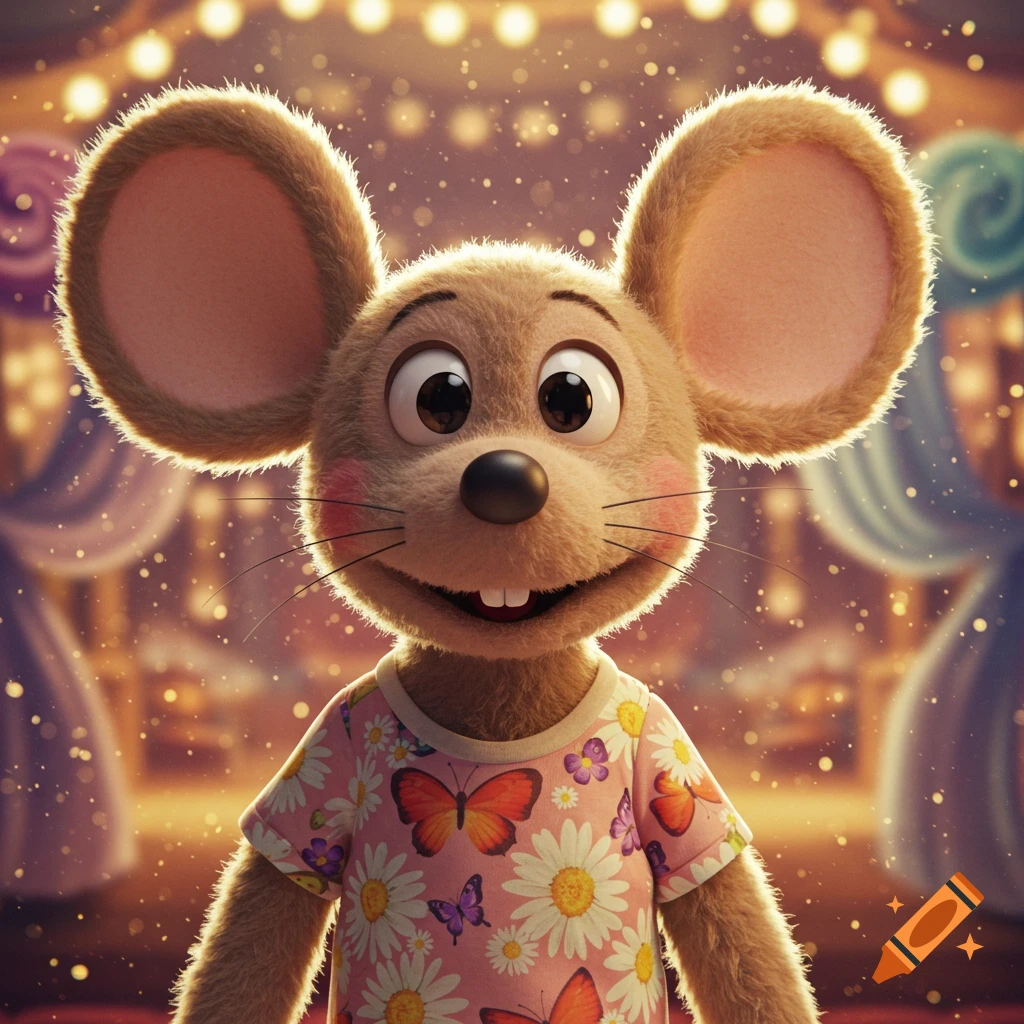 A cute, fluffy brown cartoon mouse with big ears and large eyes, wearing a pink t-shirt with butterfly and flower patterns, smiles brightly against a blurry background of twinkling lights.