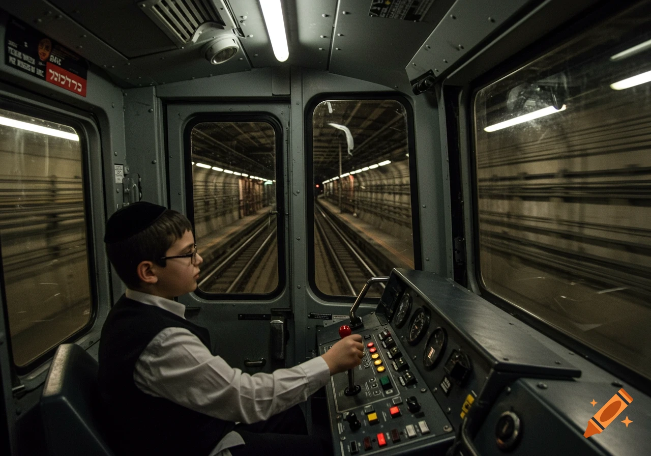 Young boy in a kippah and vest in the driver's cabin of a subway train, looking out at the illuminated tracks in a dark tunnel.