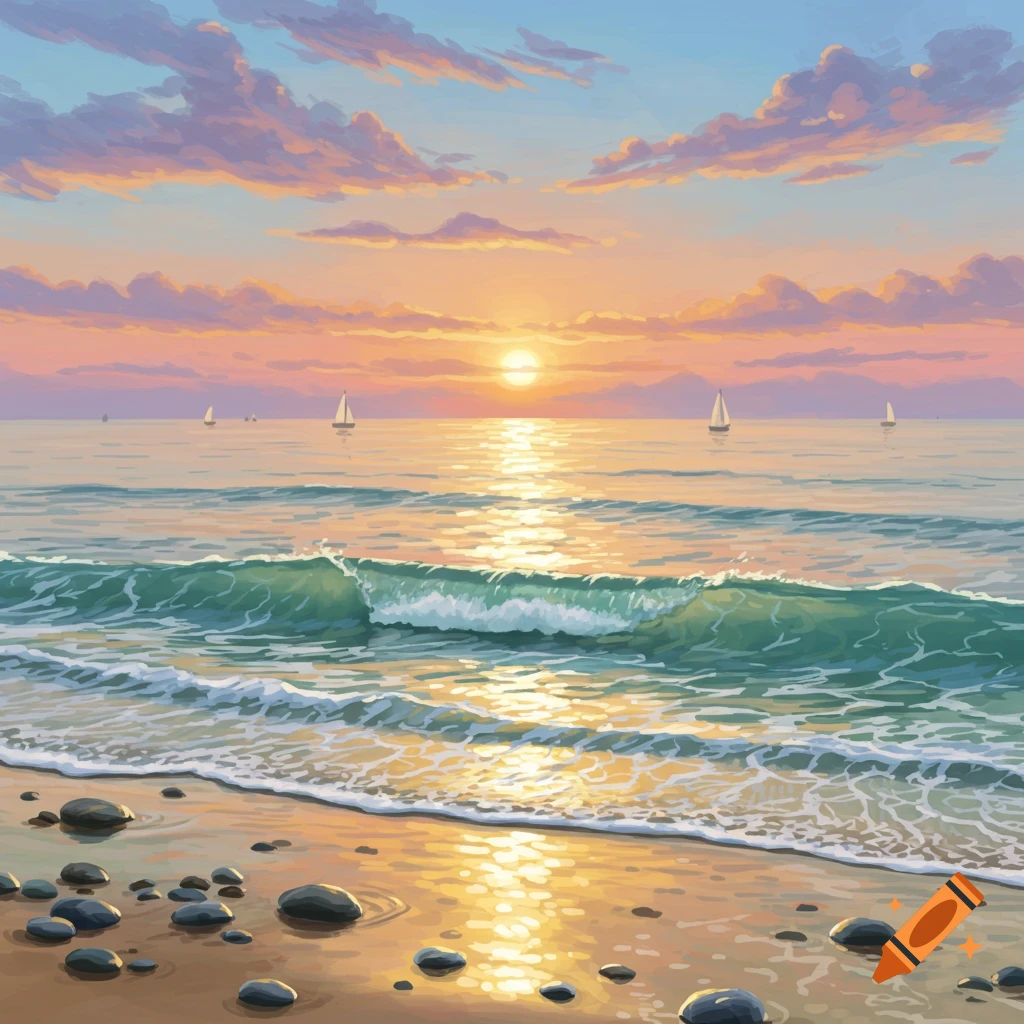 A vibrant painting of a sunset over the ocean with waves crashing on a pebble beach and sailboats in the distance.