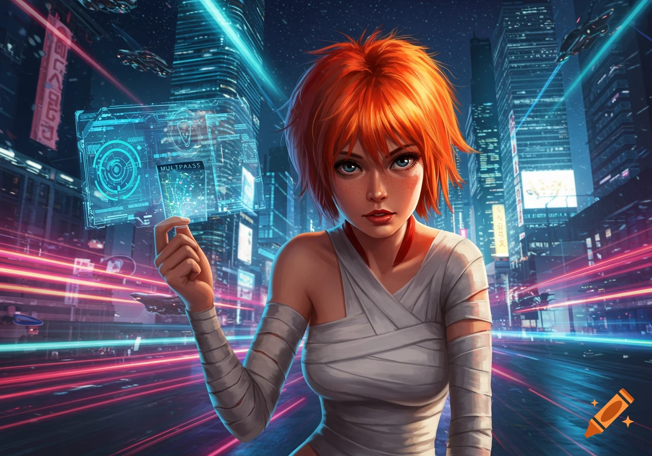 A woman with orange hair holds a glowing holographic screen in a futuristic cyberpunk city.