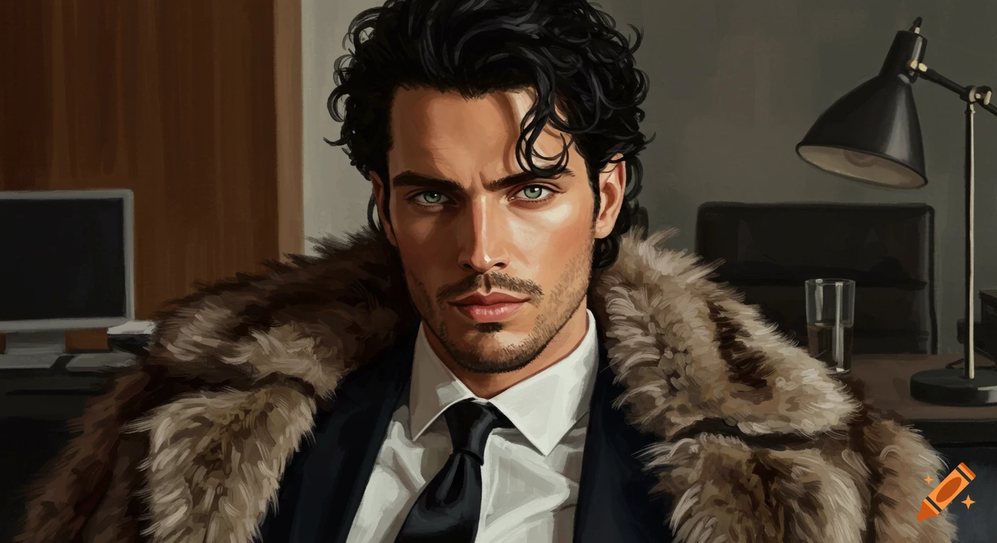 A handsome man with dark curly hair and green eyes, wearing a suit and fur coat, sitting in an office, painted style.