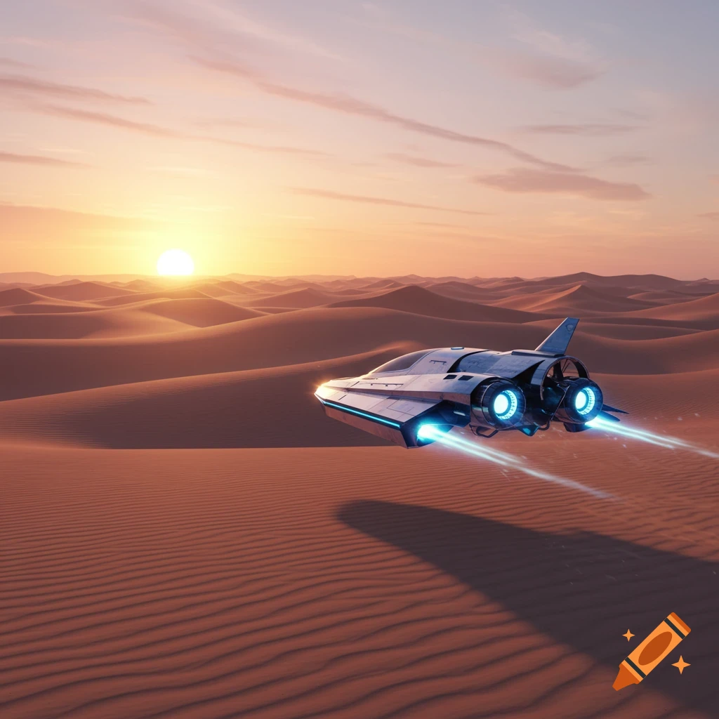 A futuristic hovercraft flies low over sand dunes at sunset, with a vibrant sky and glowing engine trails.