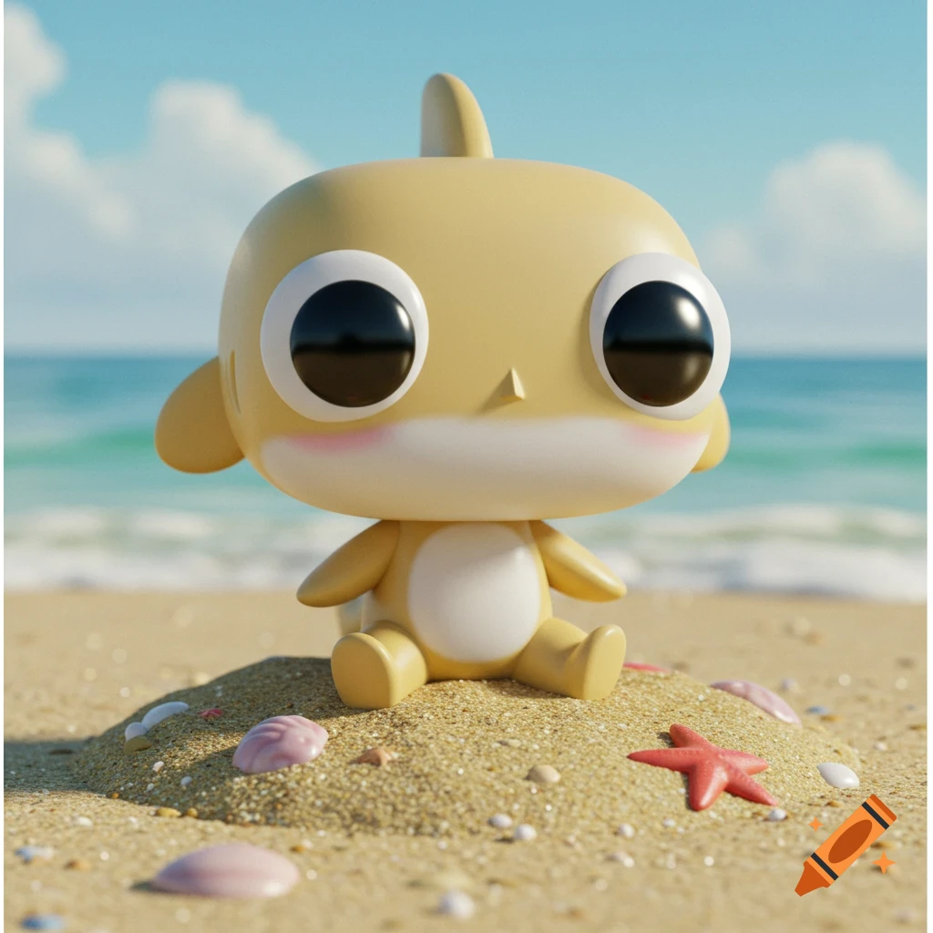 A cute, stylized yellow shark toy, resembling a Funko Pop, sits on a sandy beach with the ocean and sky in the background.