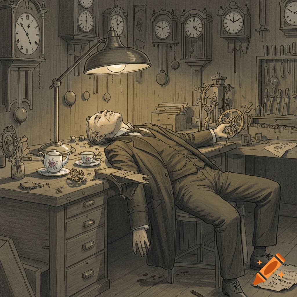 A stylized hand-drawn illustration depicts a deceased man in a chair, slumped over a workbench in a clockmaker's workshop, surrounded by numerous clocks.