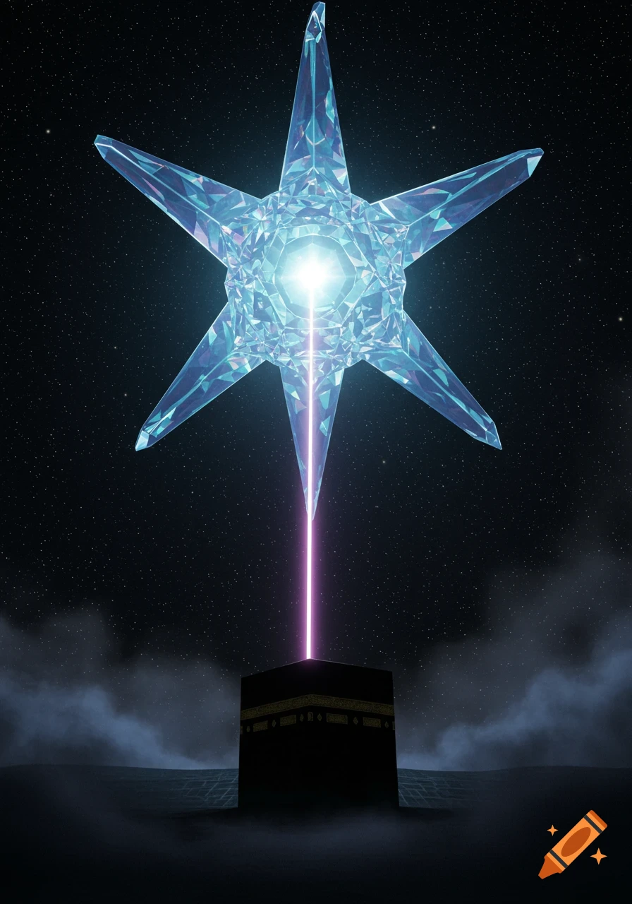 A large faceted blue crystal star shines brightly, emitting a purple laser beam downwards onto a black cubic structure with gold patterns, set against a dark, starry sky.