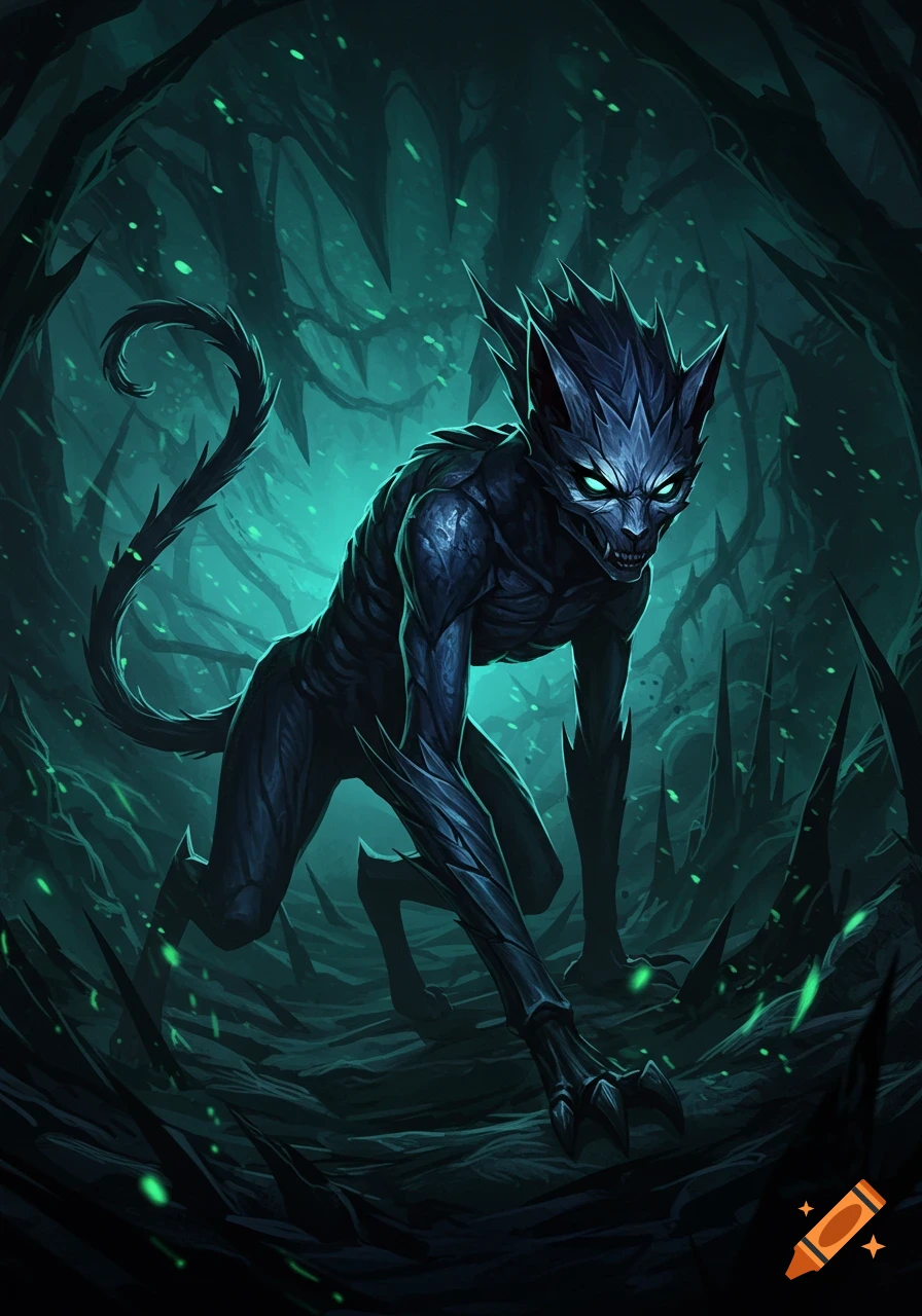 A dark, spiky, cat-like creature with glowing green eyes crouches in a mysterious, dark, spiky cavern with glowing green elements. Digital art.