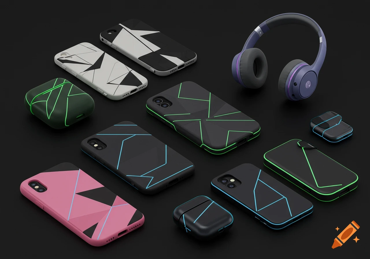 A collection of mobile accessories with geometric glowing patterns, including phone cases, AirPods cases, and headphones on a dark surface.