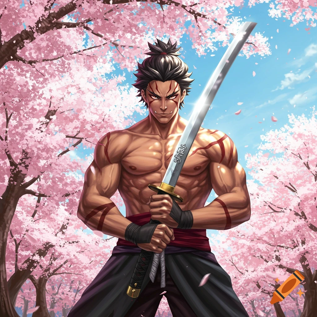 Muscular anime male fighter with a katana, featuring red tribal markings and a top knot, standing among pink cherry blossoms.