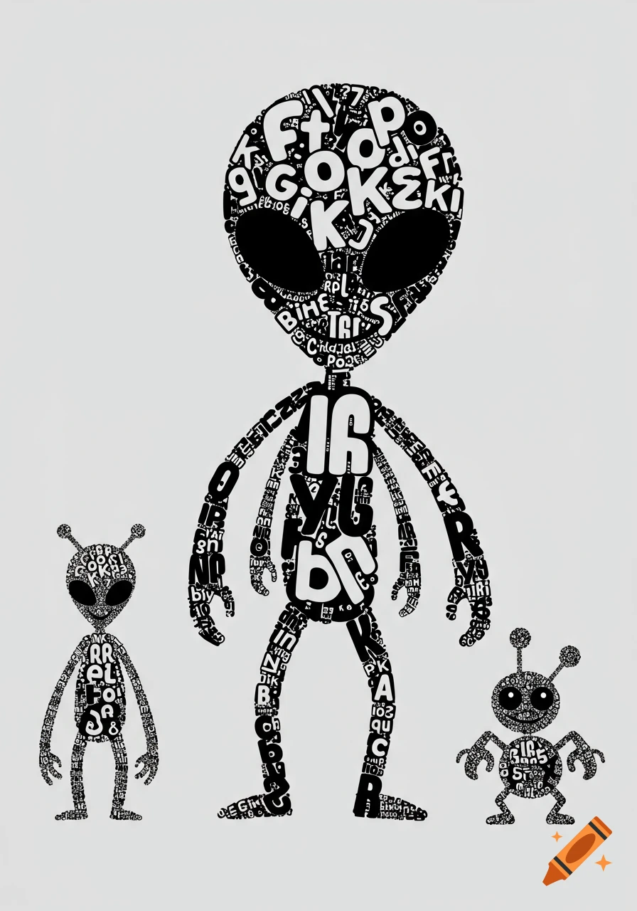 Three alien figures, composed entirely of black and white typographic characters and symbols, stand against a light grey background.