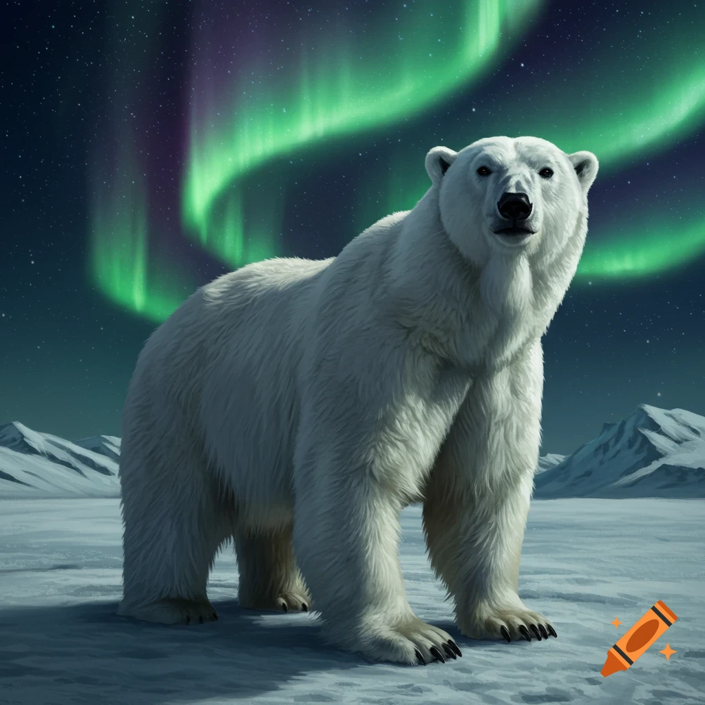 A photorealistic polar bear stands on an icy landscape under vibrant green and purple aurora borealis.