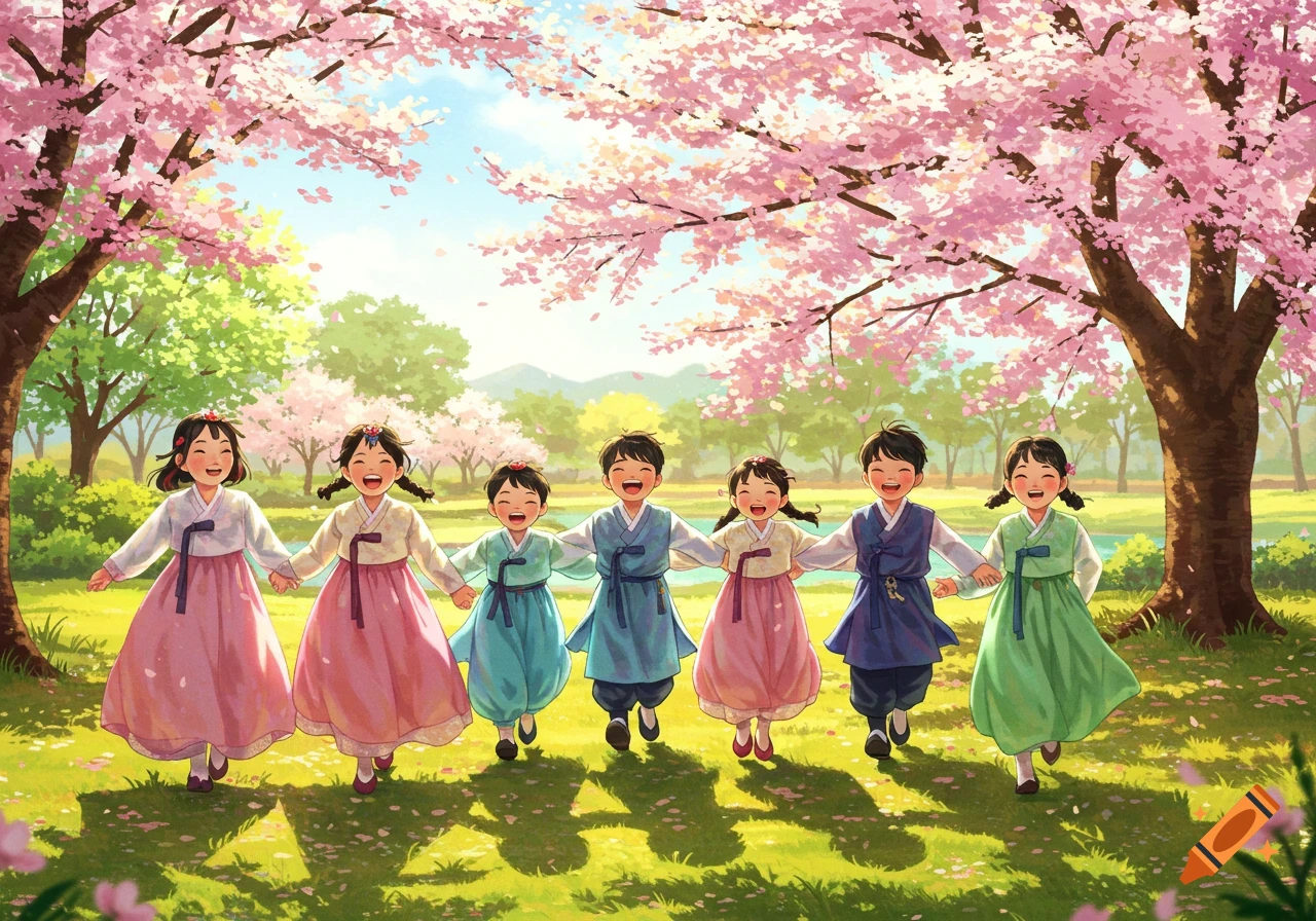 Six joyful Korean children in colorful hanbok run hand-in-hand under blooming cherry blossom trees in a vibrant illustration.