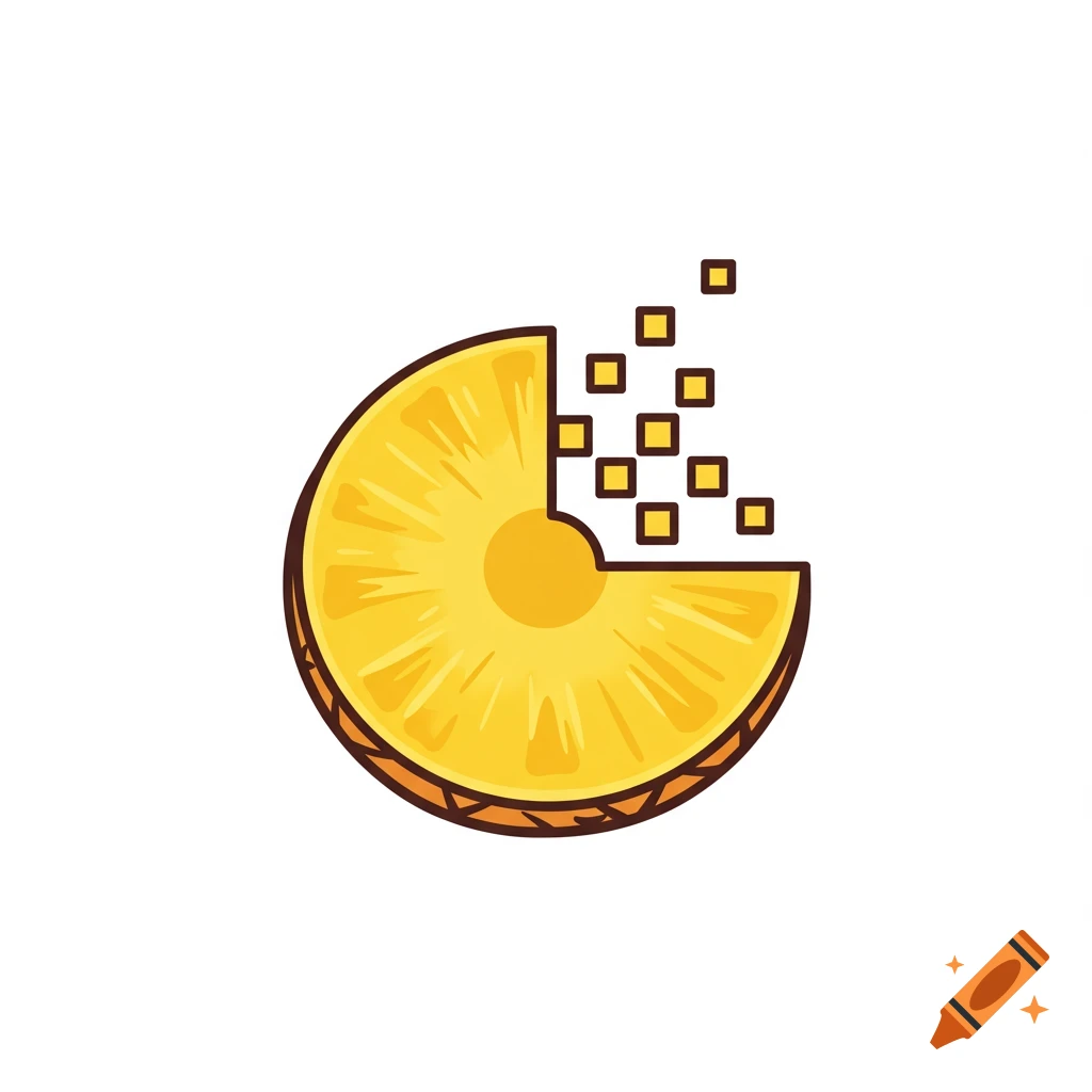 Cartoon vector illustration of a pineapple slice with a pixelated chunk missing.