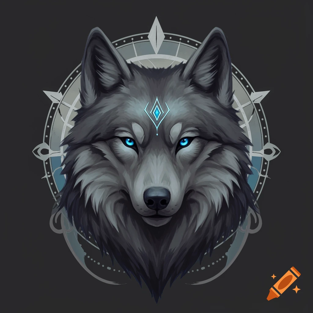A stylized grey wolf head with piercing blue eyes and a glowing blue diamond symbol on its forehead, set against a dark background with a compass-like design.
