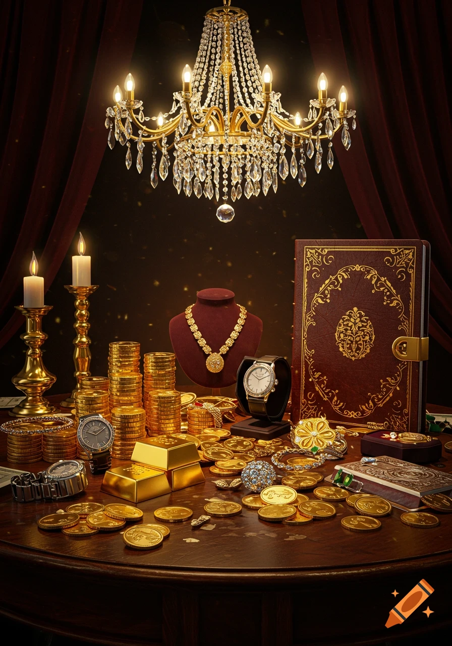 Photorealistic image of a lavish table with gold coins, bars, watches, and ornate jewelry, under a crystal chandelier.