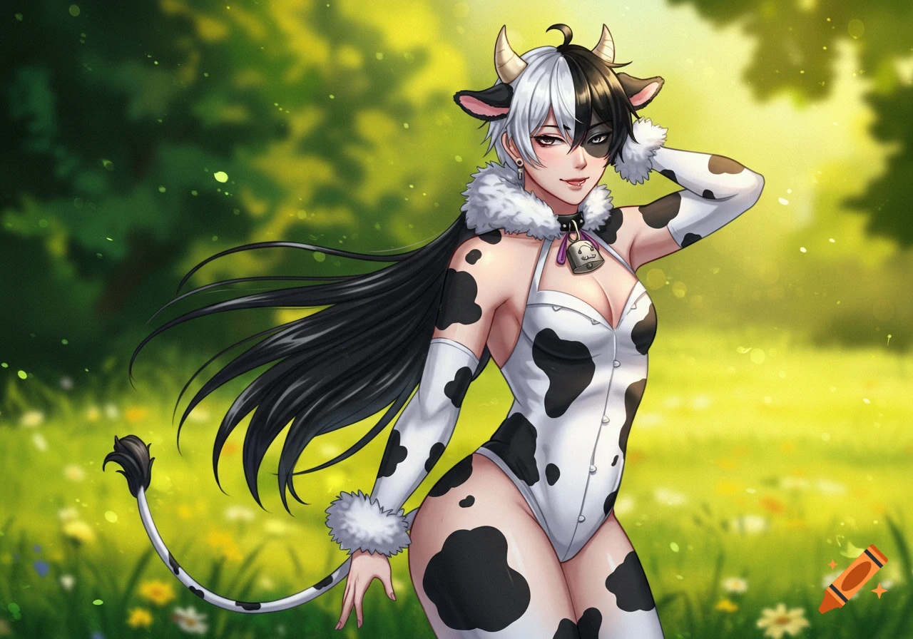 Anime femboy in a cow costume with black and white hair, ears, horns, and tail, posing in a green field.