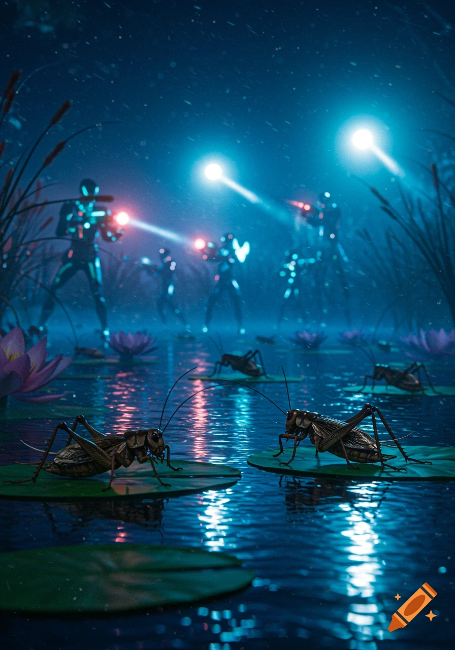 Two crickets on lily pads on a dark, rainy pond, illuminated by bright lights from distant sci-fi figures aiming at them.