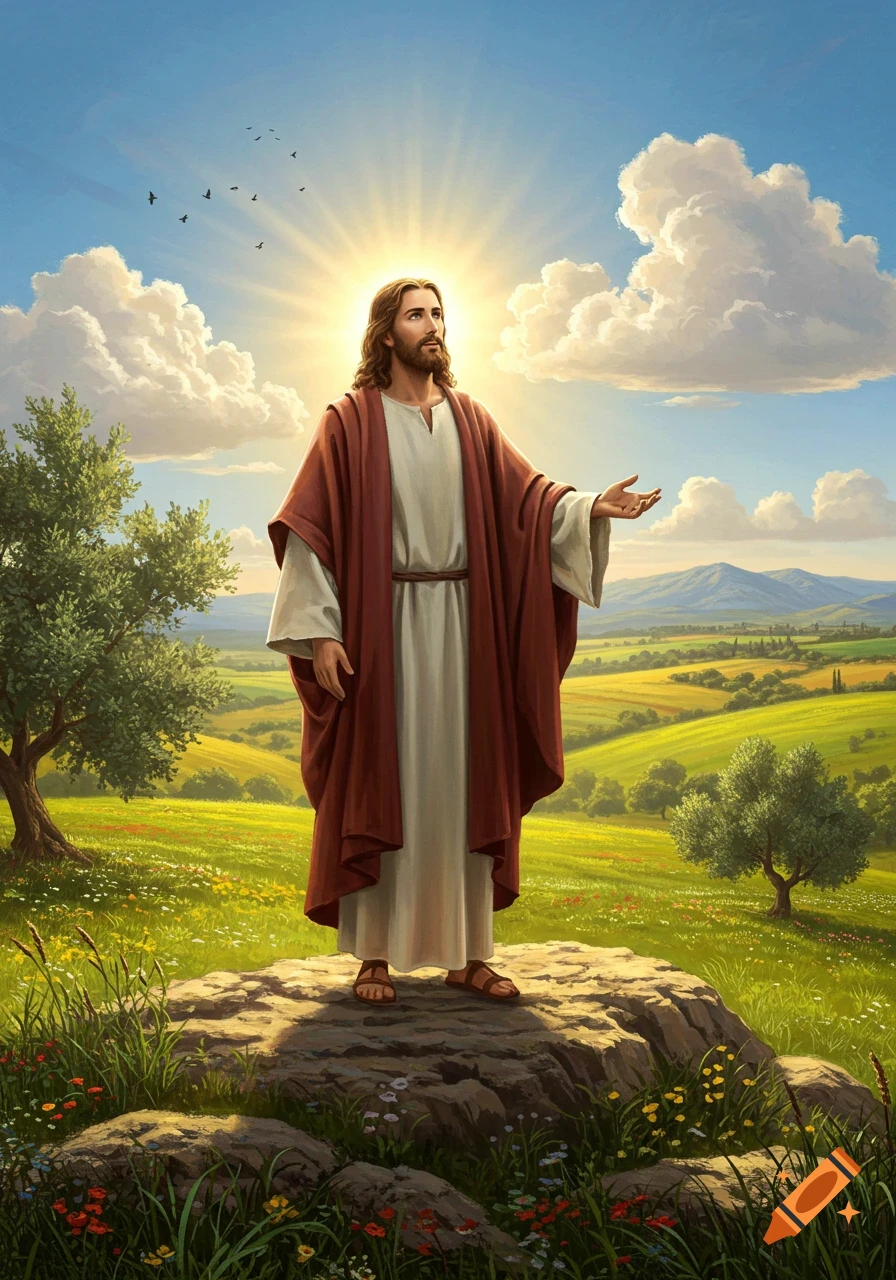 Jesus stands on a sun-drenched rock in a vibrant green field, arms outstretched, under a bright blue sky with clouds and birds.