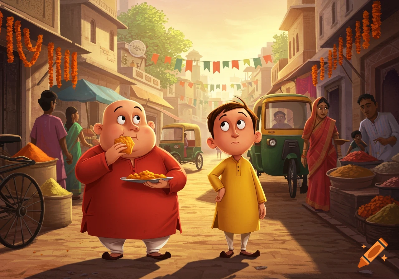 A bald, chubby cartoon boy in a red kurta eats from a plate of fried food while a slim cartoon boy in a yellow kurta stands next to him on a sunny Indian street.